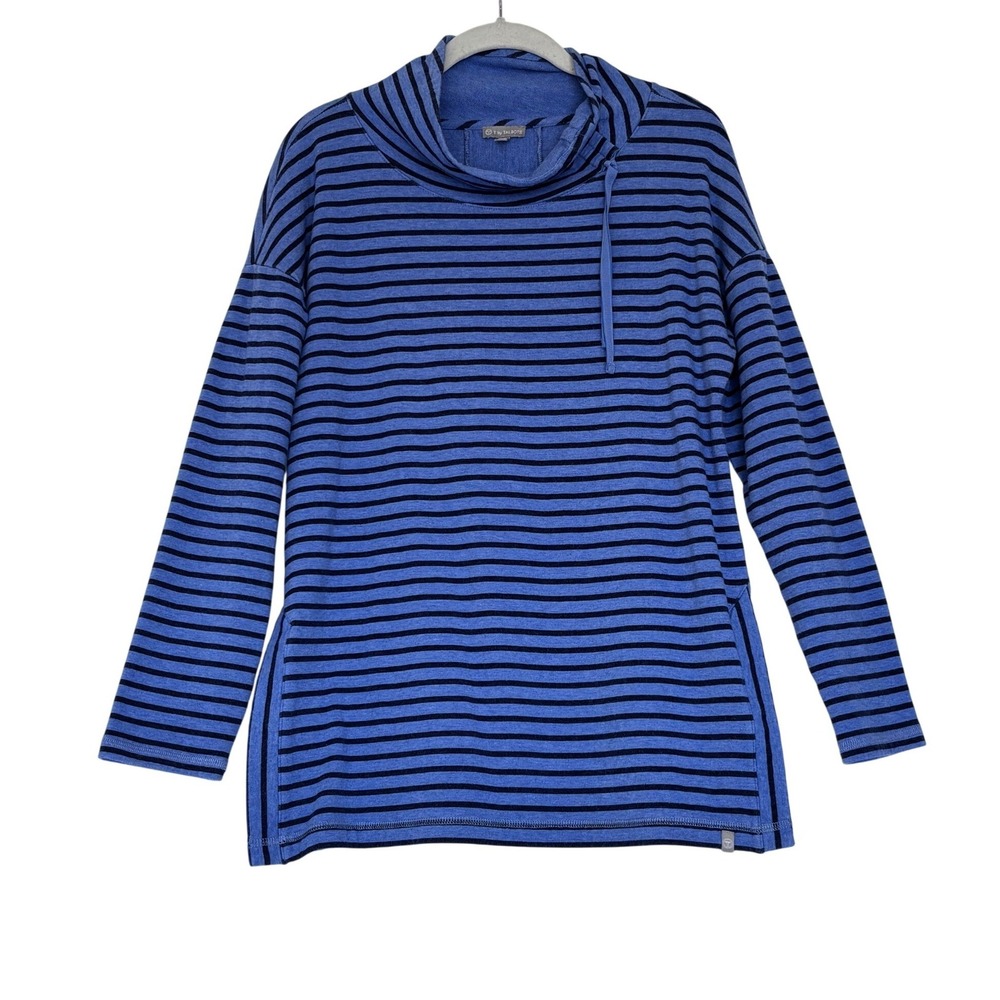 T by Talbots Womens Blue Black Striped Funnel Neck Pullover Top Medium Nautical